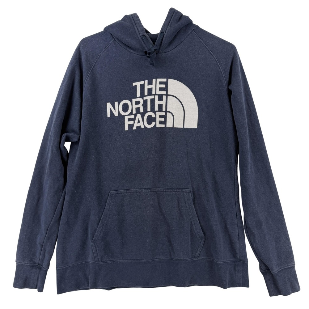 The North Face Hoodie Womens Large Blue Pullover Sweatshirt Logo Fleece Raglan